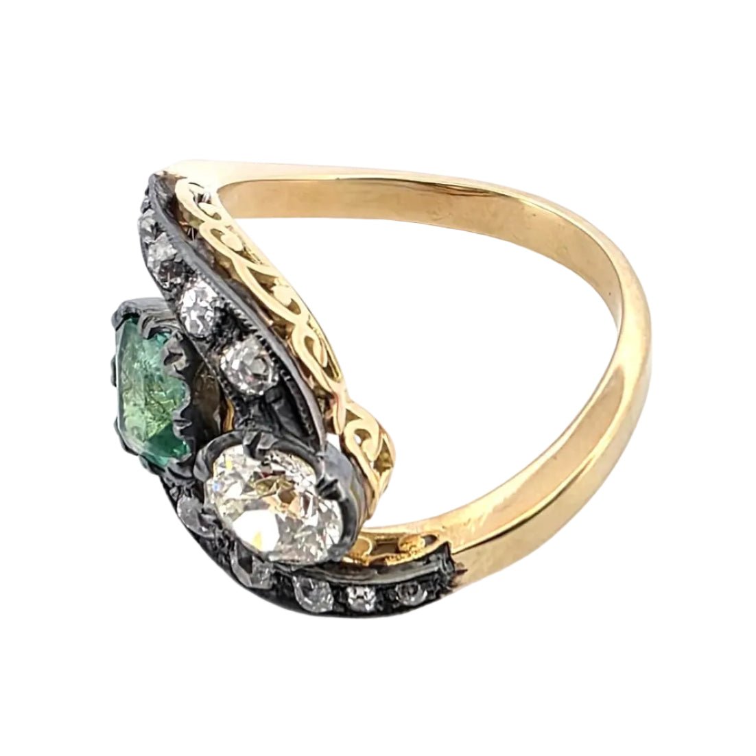 Bague Toi & Moi en or jaune, argent, émeraude et diamants - Castafiore