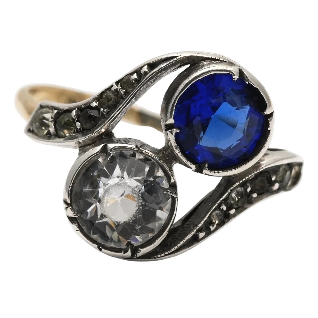 Bague Toi & Moi en or jaune, argent, saphir et strass - Castafiore