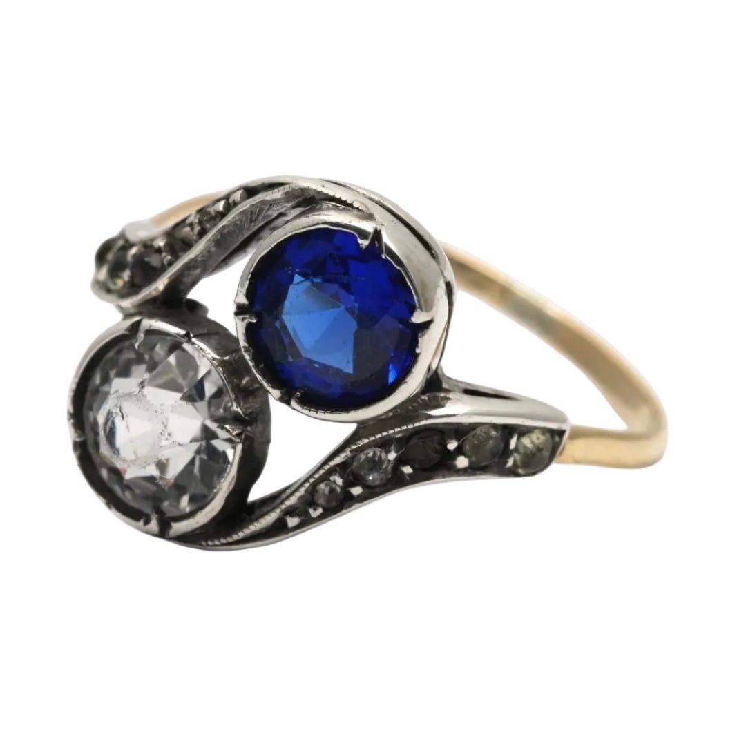 Bague Toi & Moi en or jaune, argent, saphir et strass - Castafiore