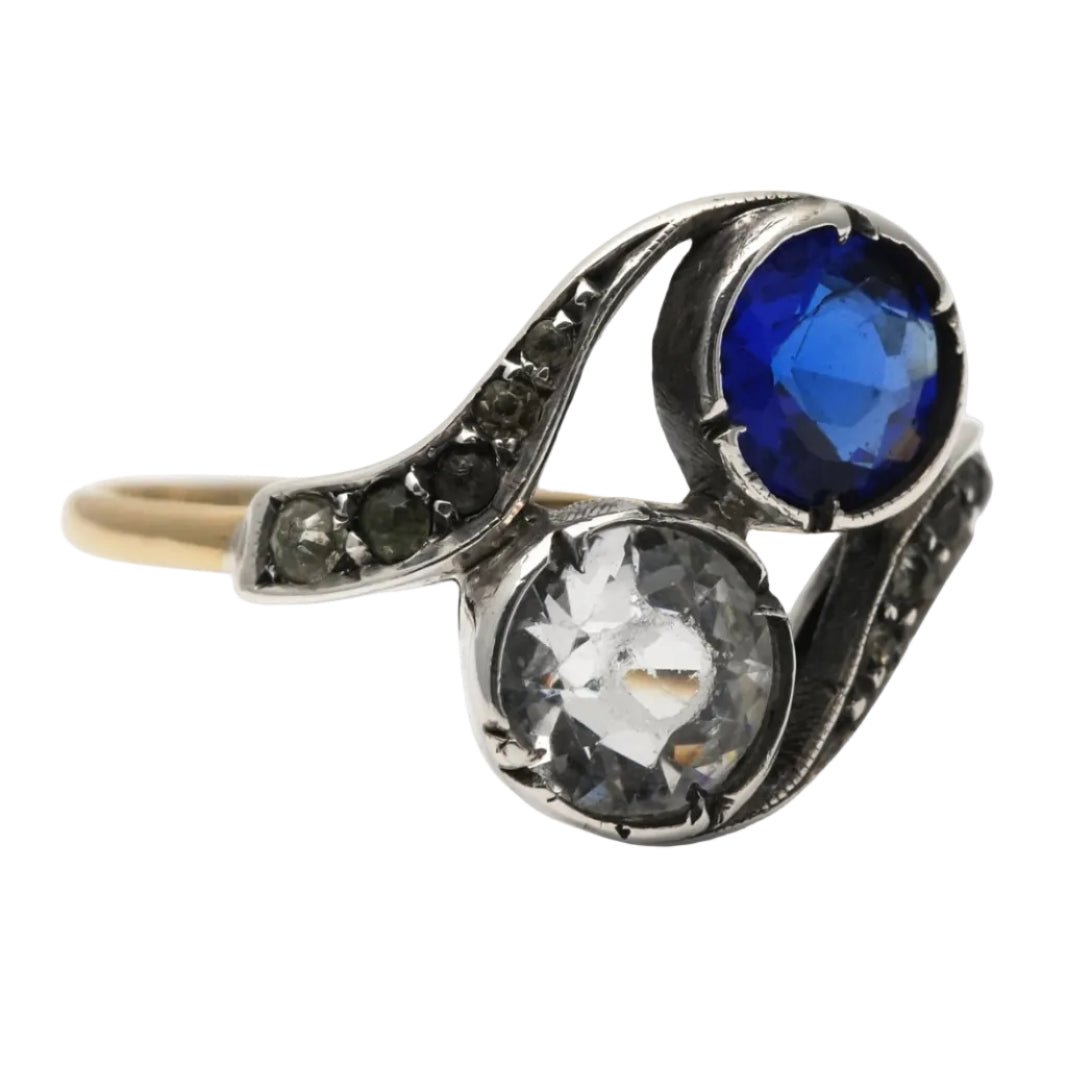 Bague Toi & Moi en or jaune, argent, saphir et strass - Castafiore