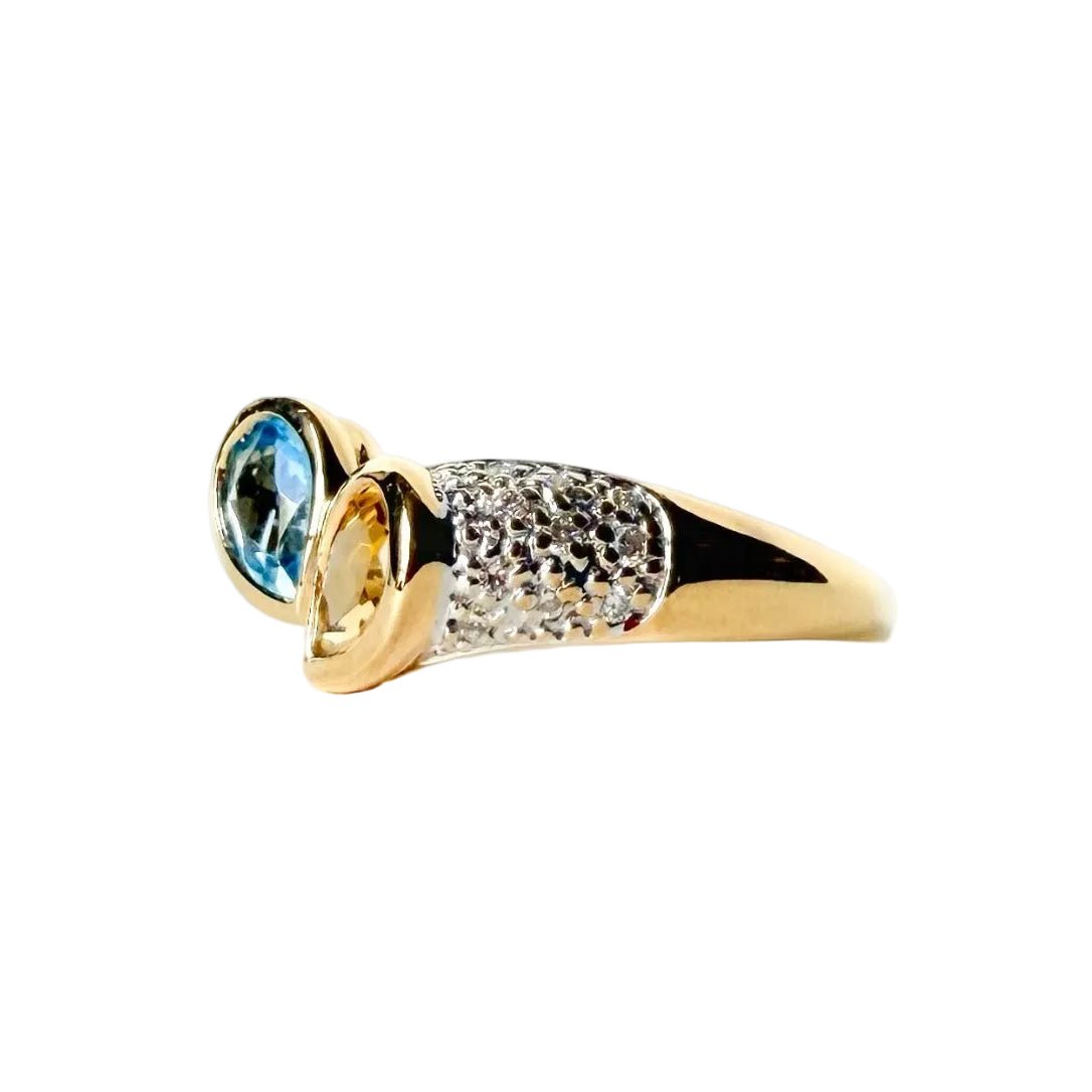 Bague Toi & Moi en or jaune, citrine, aigue-marine et diamants - Castafiore