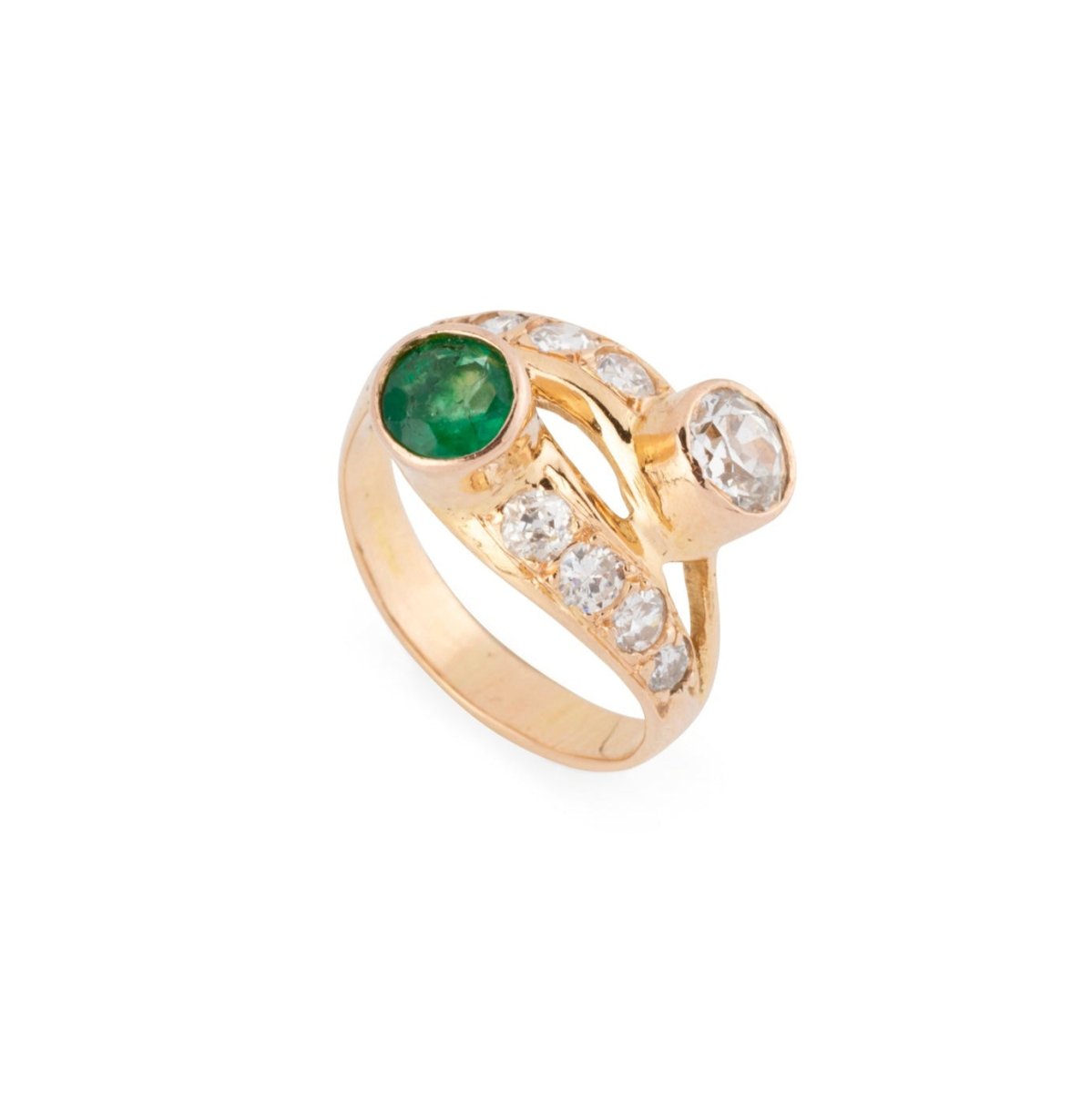 Bague Toi & Moi en or jaune, émeraude et diamants - Castafiore