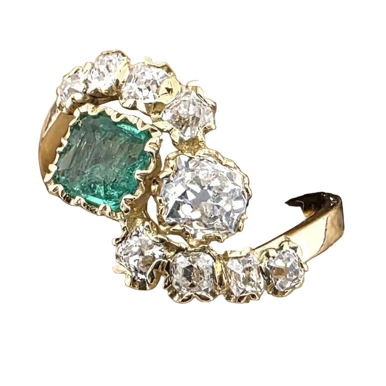 Bague Toi & Moi en or jaune, émeraude et diamants - Castafiore