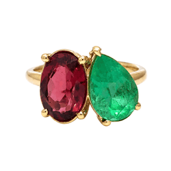 Bague Toi & Moi en or jaune, émeraude et grenat - Castafiore