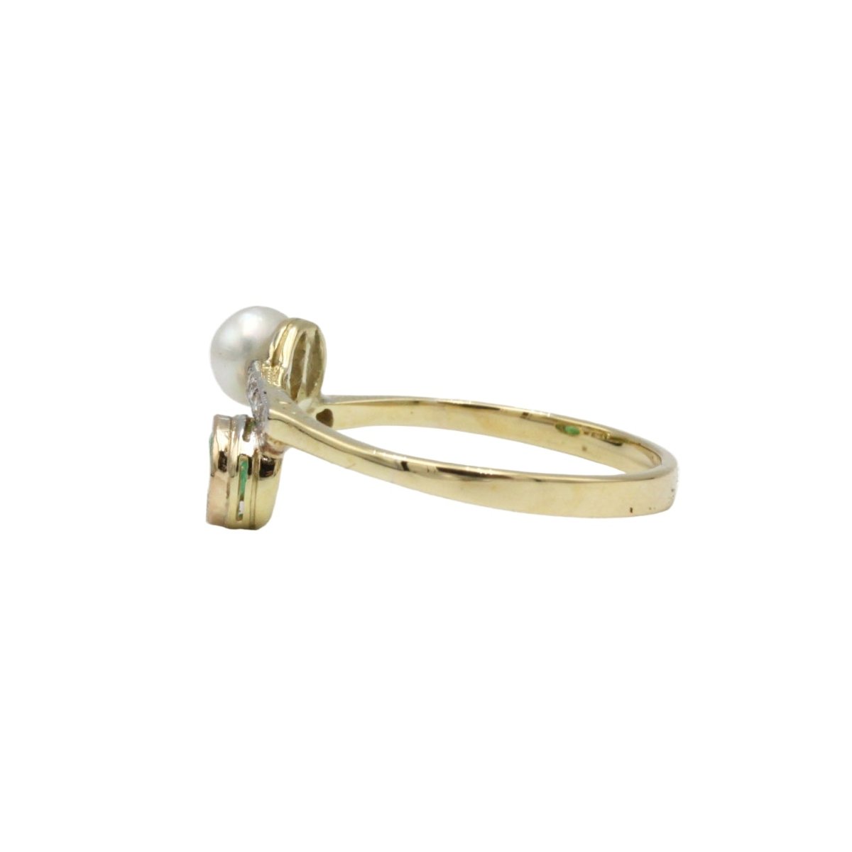 Bague Toi & Moi en or jaune, émeraude, perle et diamants - Castafiore