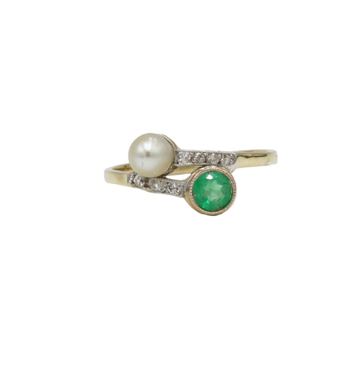 Bague Toi & Moi en or jaune, émeraude, perle et diamants - Castafiore