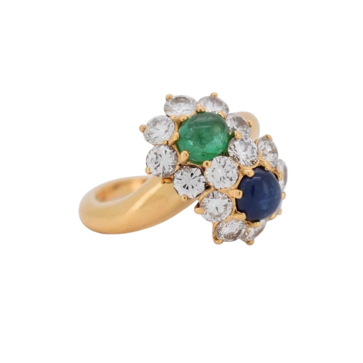 Bague Toi & Moi en or jaune, émeraude, saphir et diamants - Castafiore