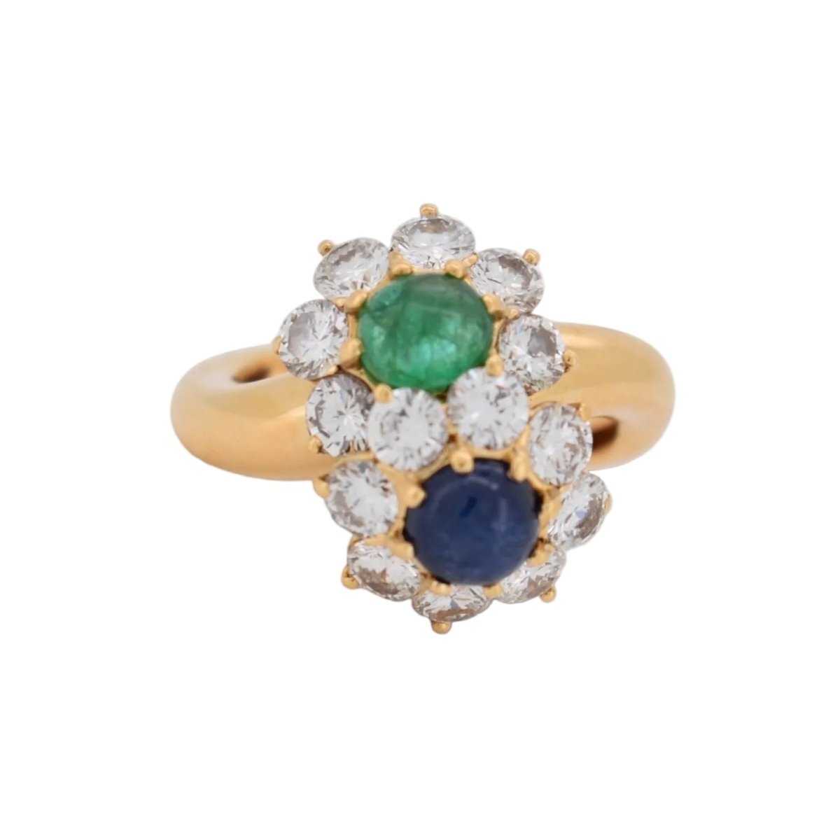 Bague Toi & Moi en or jaune, émeraude, saphir et diamants - Castafiore