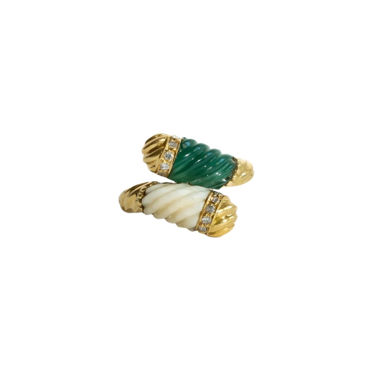 Bague Toi & Moi en or jaune, jade et corail blanc - Castafiore