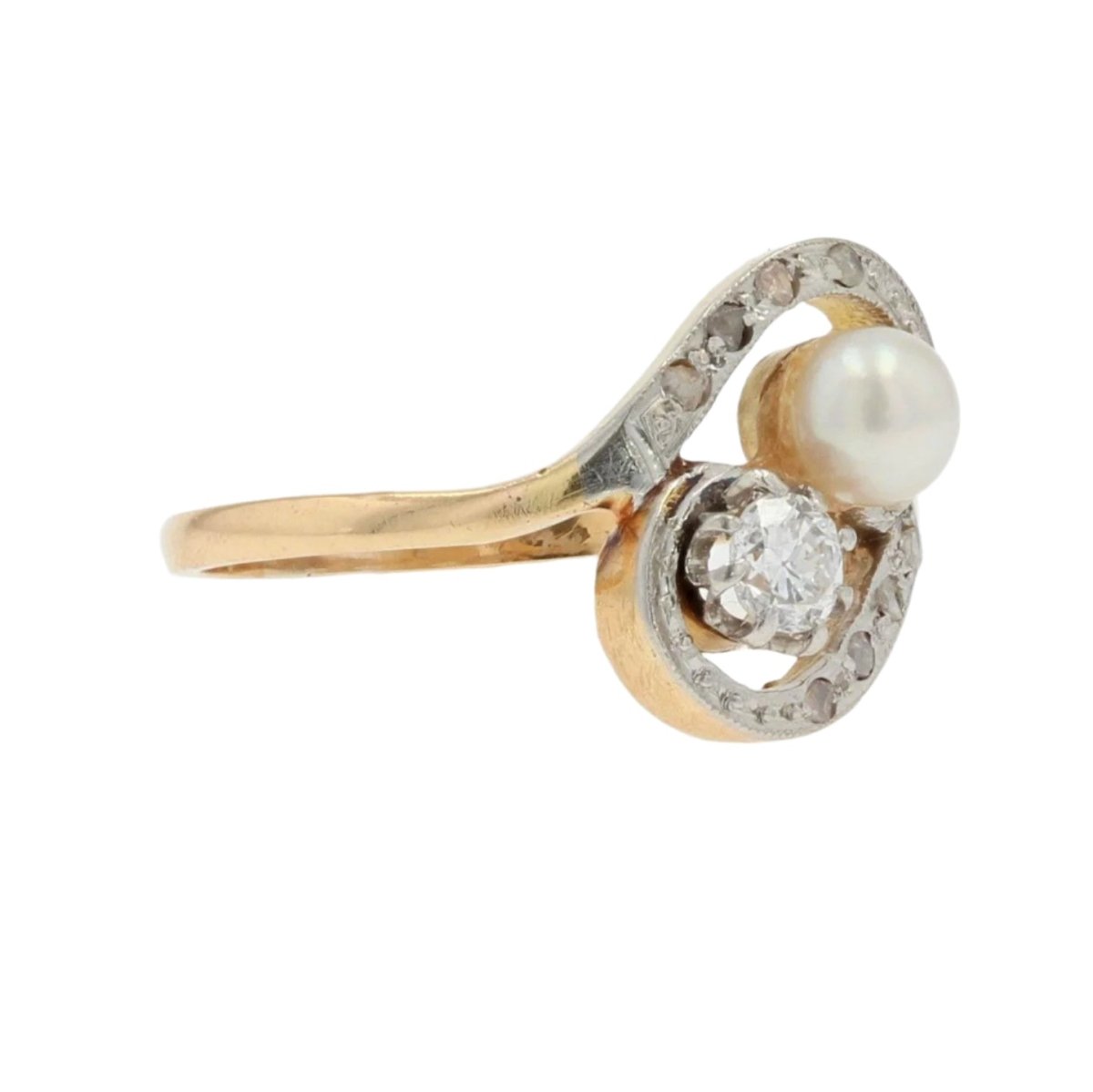 Bague Toi & Moi en or jaune, perle et diamants - Castafiore