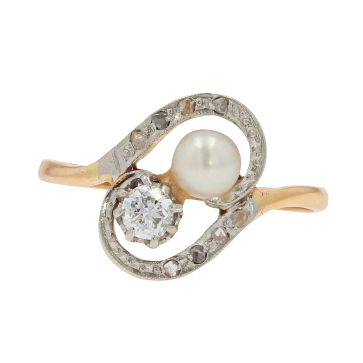 Bague Toi & Moi en or jaune, perle et diamants - Castafiore