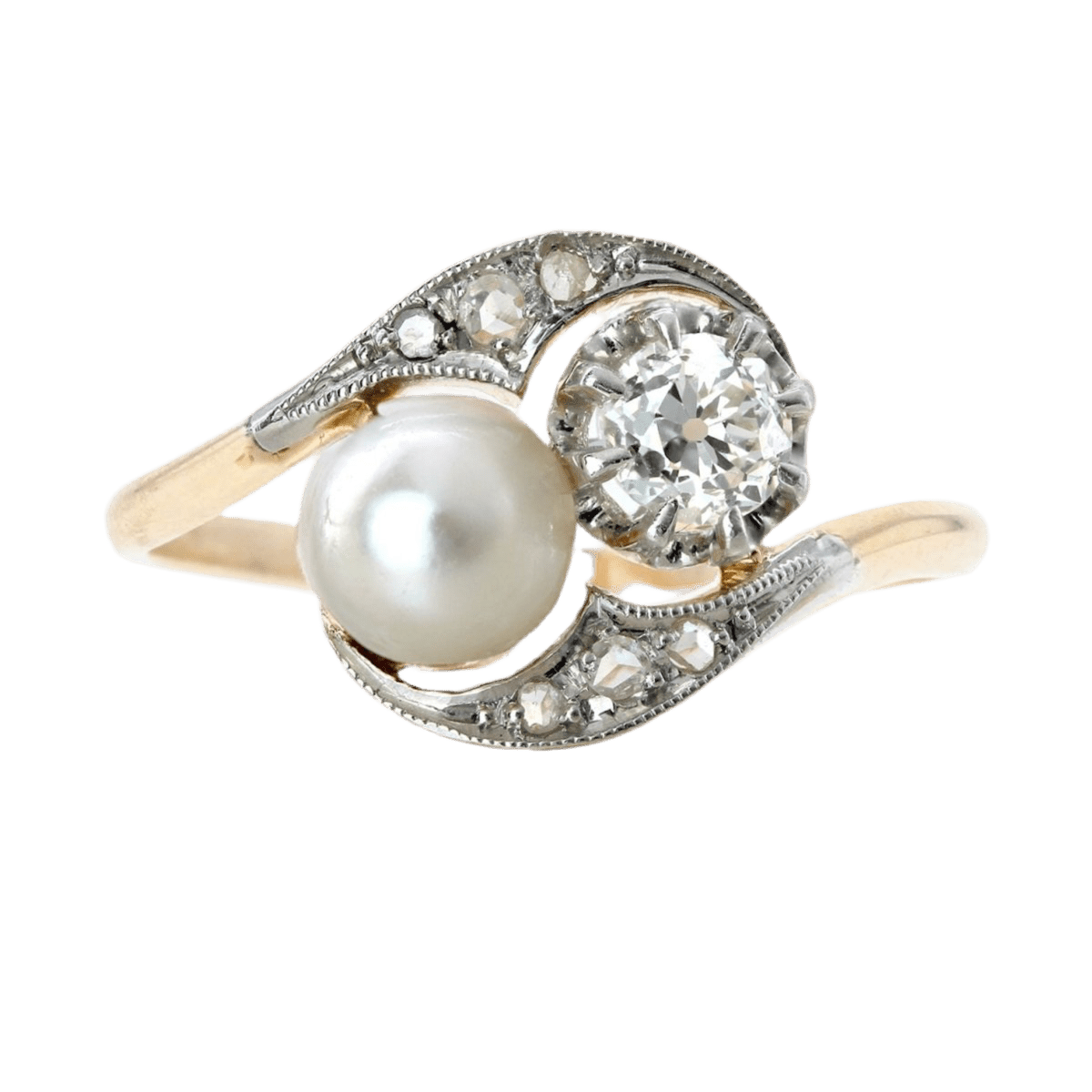 Bague Toi & Moi en or jaune, platine, perle et diamants - Castafiore