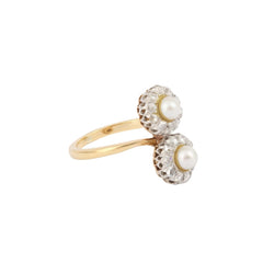 Bague Toi & Moi en or jaune, platine, perles et diamants - Castafiore