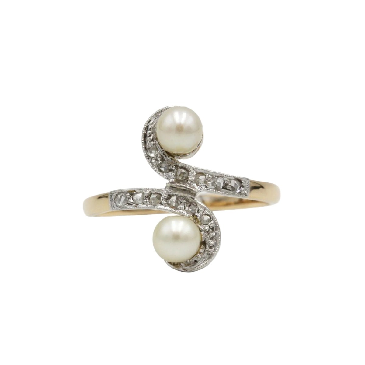 Bague Toi & Moi en or jaune, platine, perles et diamants - Castafiore