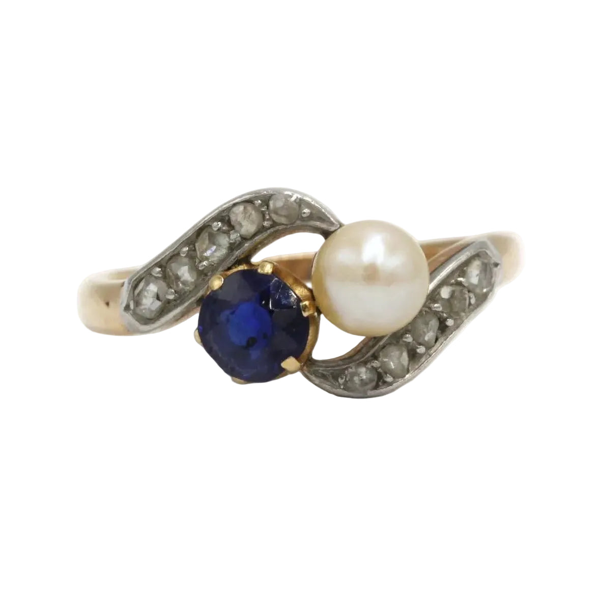Bague Toi & Moi en or jaune, platine, saphir, perle, et diamants