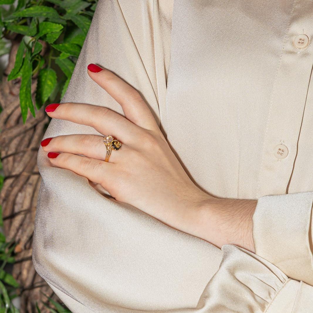 Bague Toi & Moi en or jaune, quartz et diamants - Castafiore