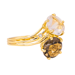 Bague Toi & Moi en or jaune, quartz et diamants - Castafiore