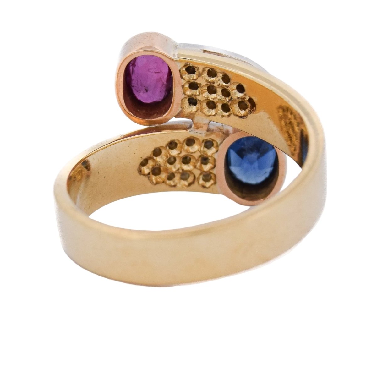 Bague Toi & Moi en or jaune, rubis, saphir et diamants - Castafiore