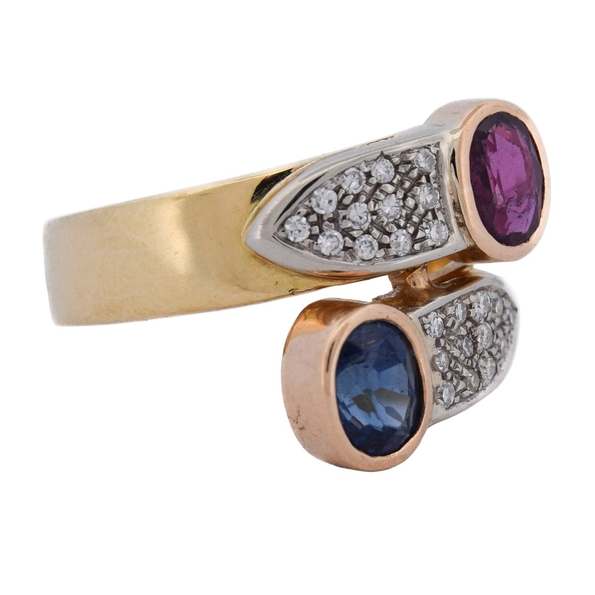 Bague Toi & Moi en or jaune, rubis, saphir et diamants - Castafiore