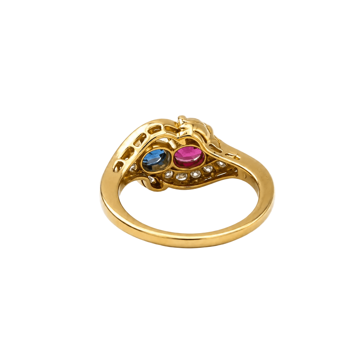 Bague Toi & Moi en or jaune, saphir, rubis et diamants - Castafiore