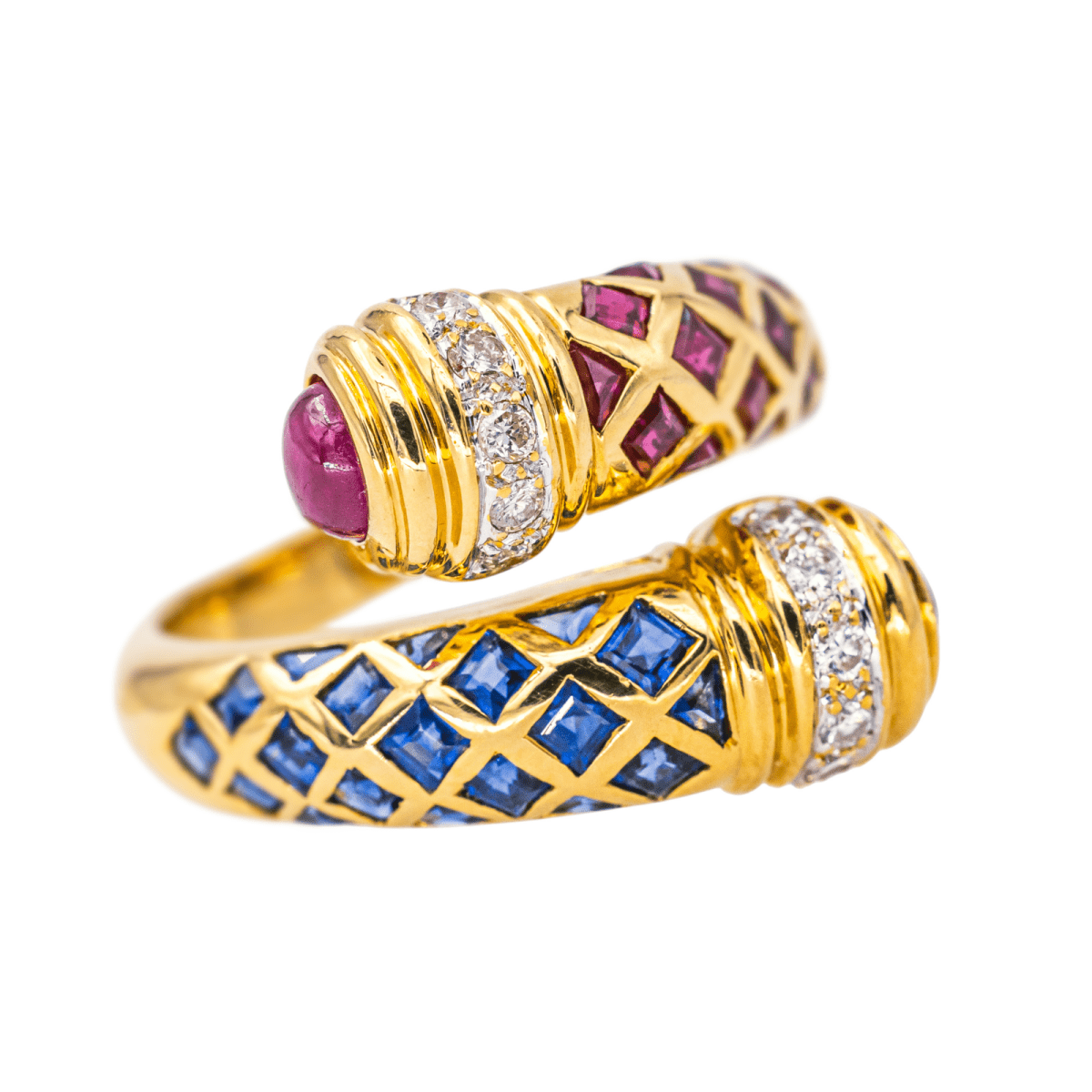 Bague Toi & Moi en or jaune, saphirs, rubis et diamants - Castafiore