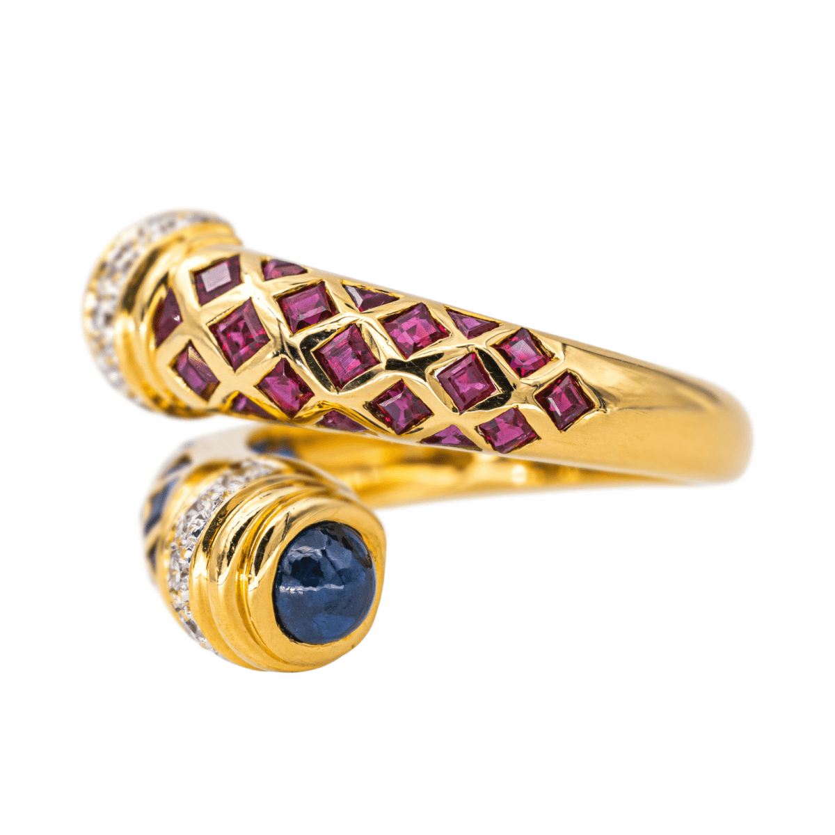 Bague Toi & Moi en or jaune, saphirs, rubis et diamants - Castafiore