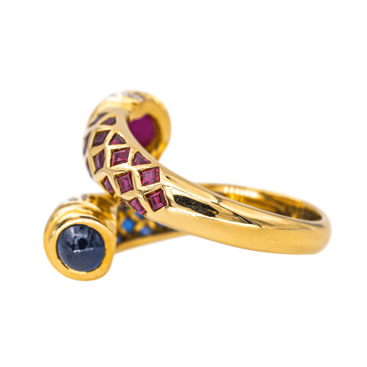 Bague Toi & Moi en or jaune, saphirs, rubis et diamants - Castafiore