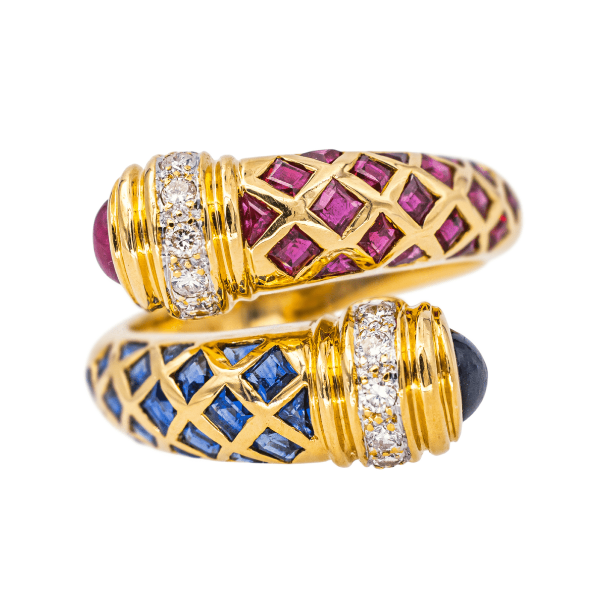 Bague Toi & Moi en or jaune, saphirs, rubis et diamants - Castafiore