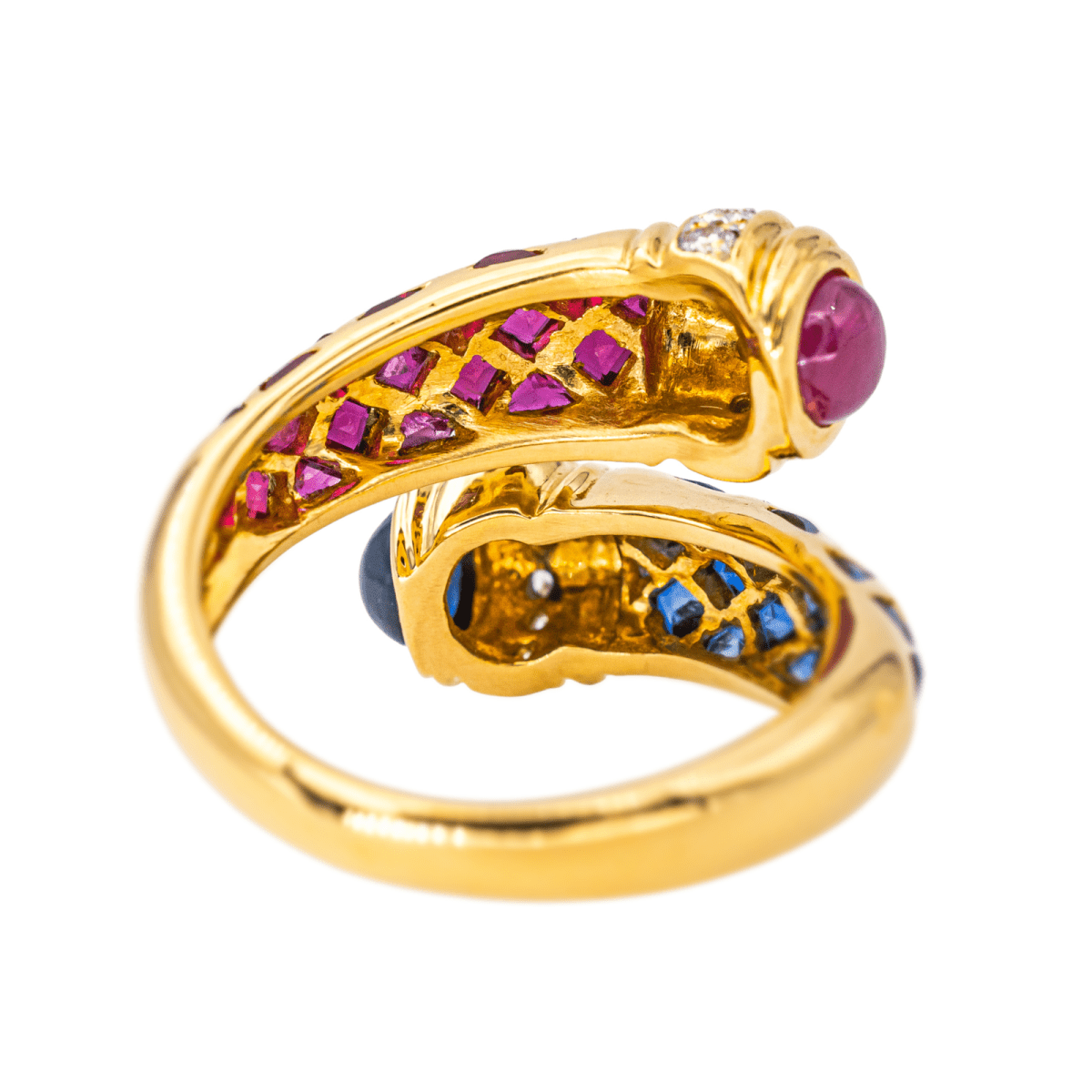 Bague Toi & Moi en or jaune, saphirs, rubis et diamants - Castafiore