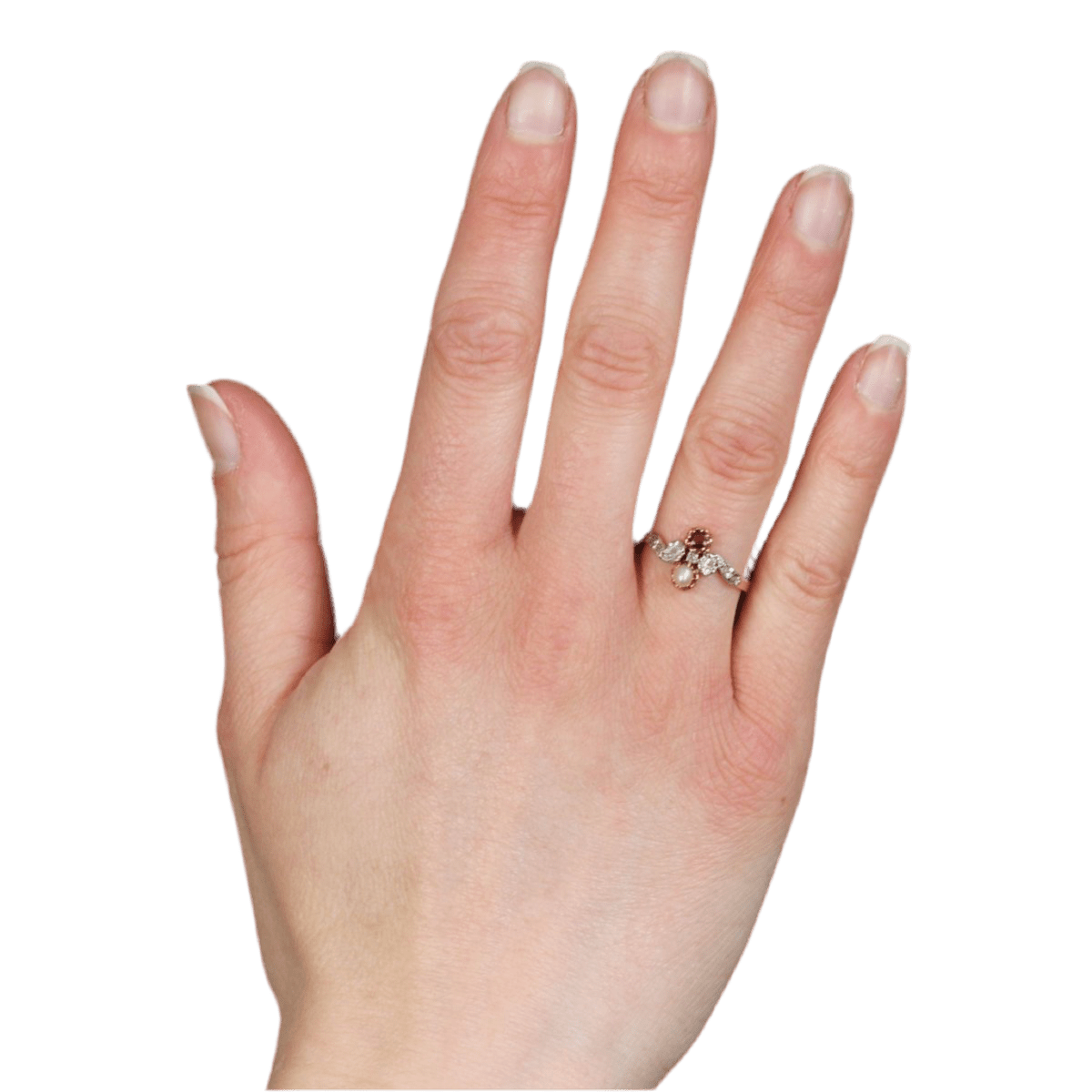 Bague Toi & Moi en or rose, grenat, perle et diamants - Castafiore