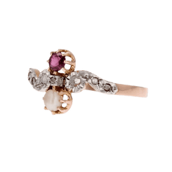 Bague Toi & Moi en or rose, grenat, perle et diamants - Castafiore