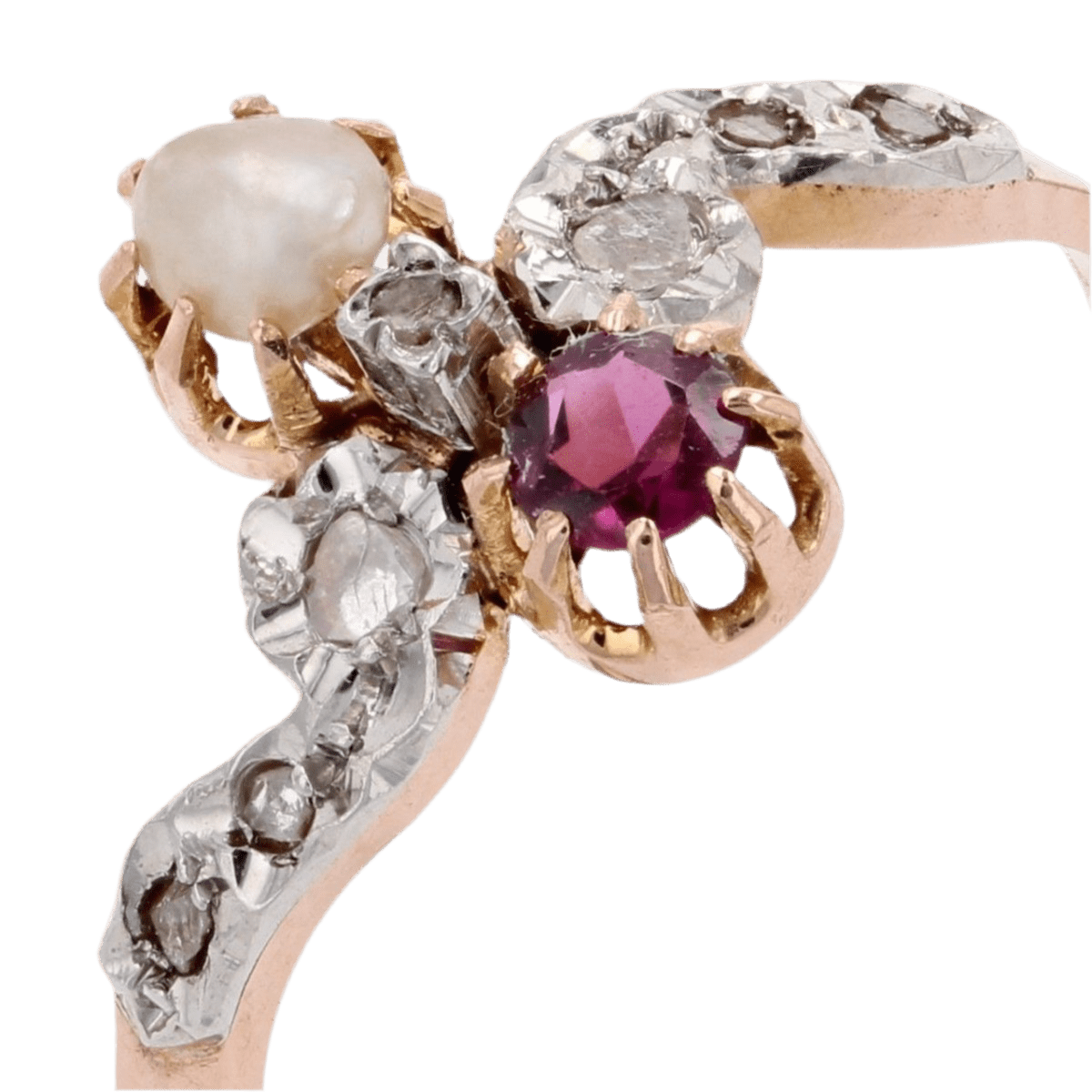 Bague Toi & Moi en or rose, grenat, perle et diamants - Castafiore