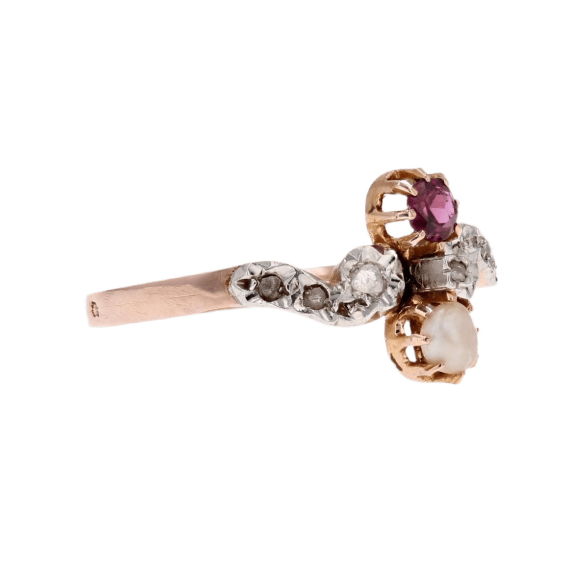 Bague Toi & Moi en or rose, grenat, perle et diamants - Castafiore