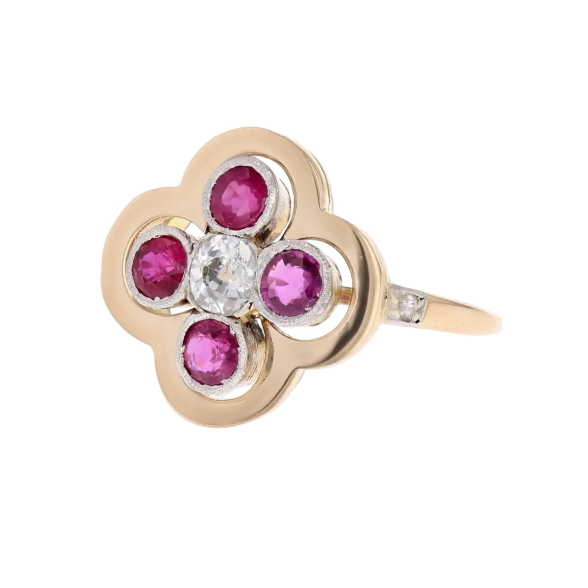 Bague trèfle rubis et diamants ancienne - Castafiore