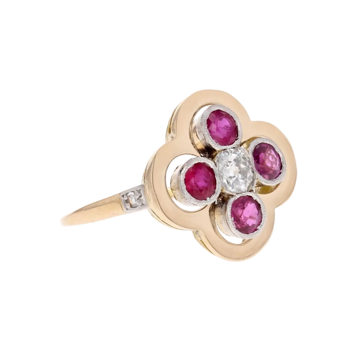 Bague trèfle rubis et diamants ancienne - Castafiore