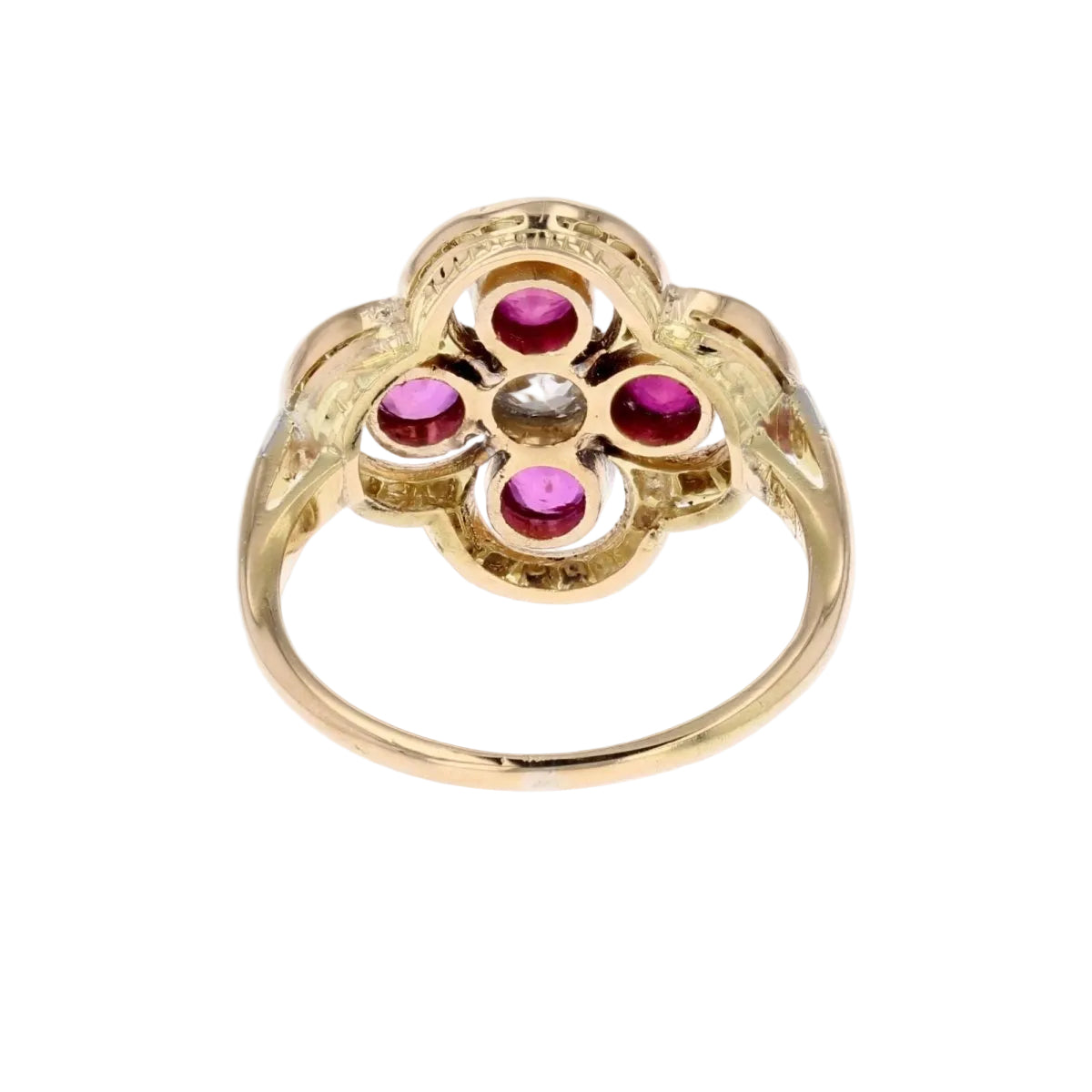 Bague trèfle rubis et diamants ancienne - Castafiore