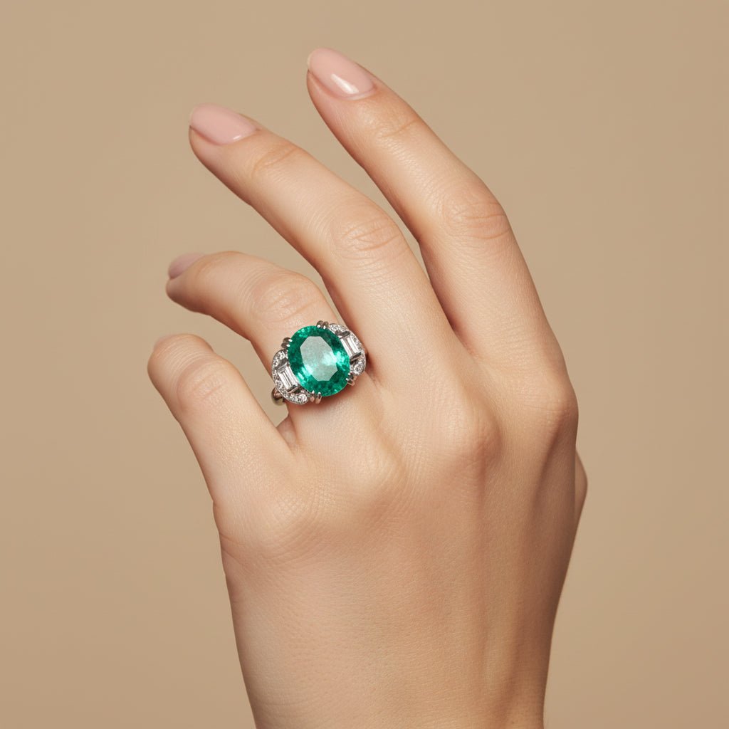 Bague Trilogie en or blanc, émeraude et diamants - Castafiore