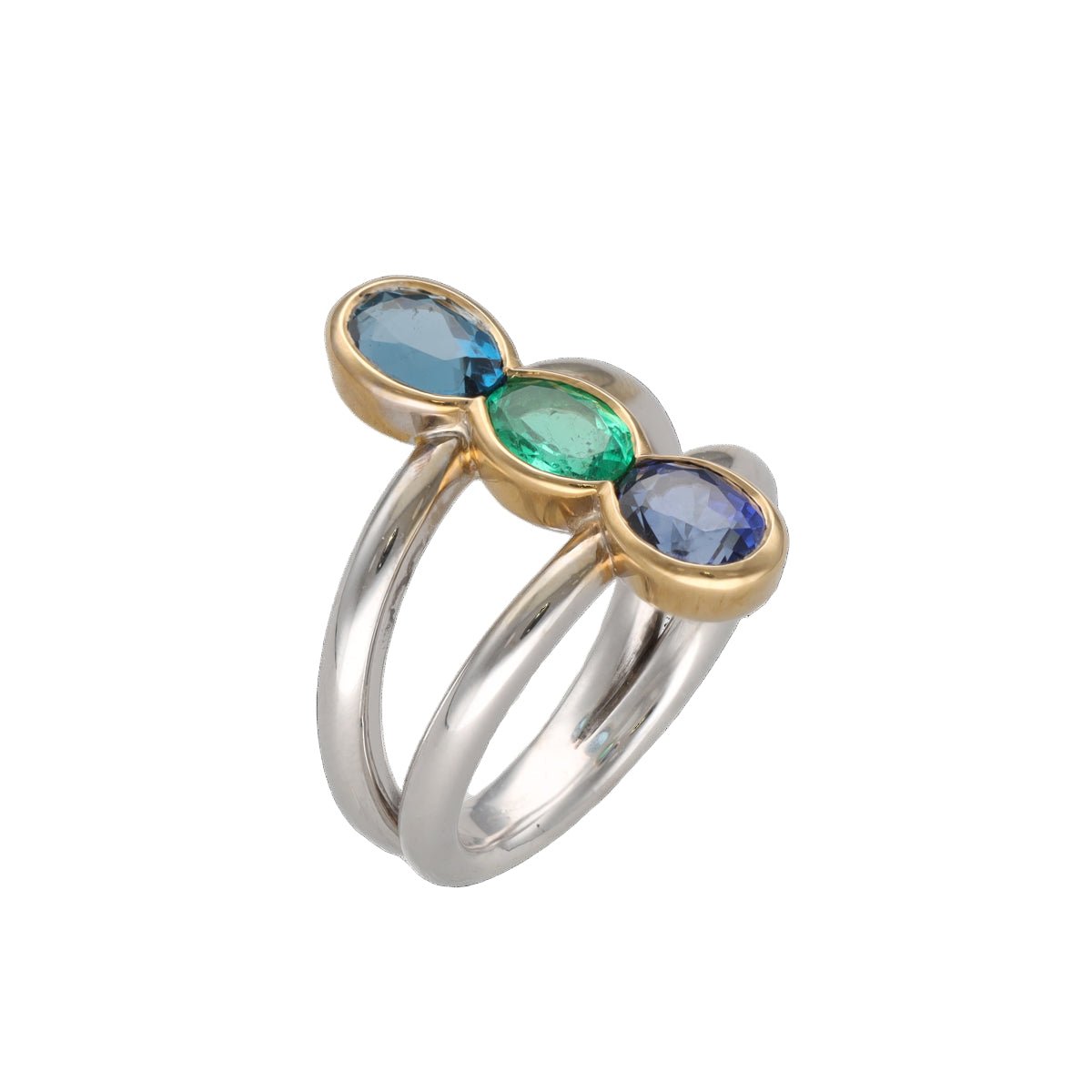 Bague Trilogie en or blanc, or jaune, émeraude, saphir et topaze - Castafiore