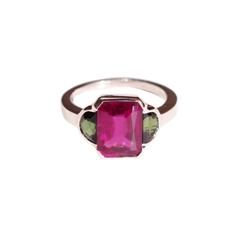 Bague Trilogie en or blanc, rubellite et tourmaline - Castafiore