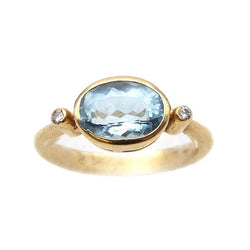 Bague Trilogie en or jaune, aigue - marine et diamants - Castafiore