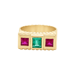 Bague Trilogie en or jaune, émeraudes et rubis - Castafiore
