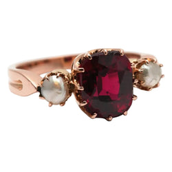 Bague Trilogie en or jaune, grenat et perles - Castafiore