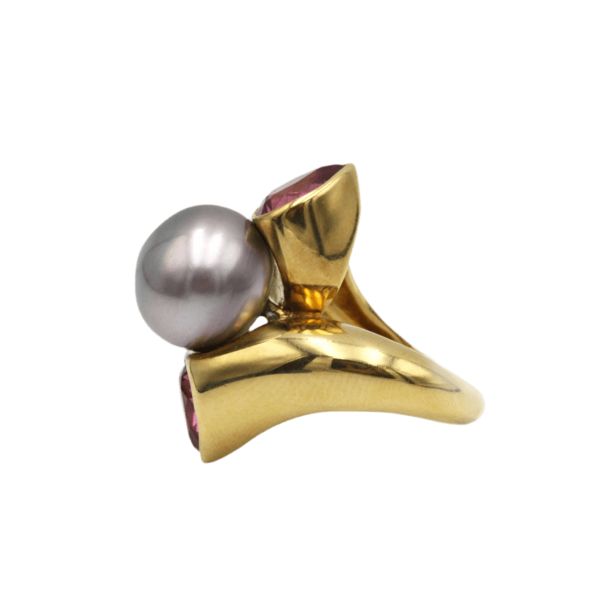 Bague Trilogie en or jaune, perle et tourmalines - Castafiore