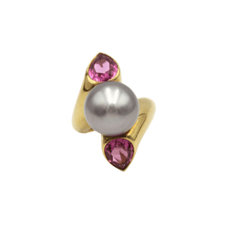 Bague Trilogie en or jaune, perle et tourmalines - Castafiore
