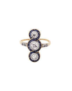 Bague Trilogie en or jaune, platine, saphirs et diamants - Castafiore