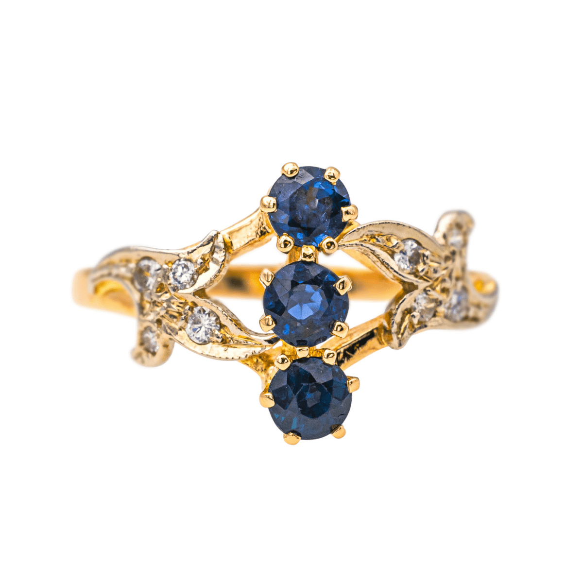 Bague Trilogie en or jaune, saphirs et diamants - Castafiore