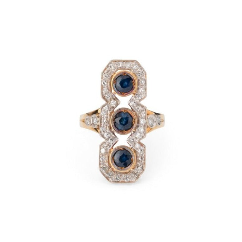 Bague Trilogie en or jaune, saphirs et diamants - Castafiore