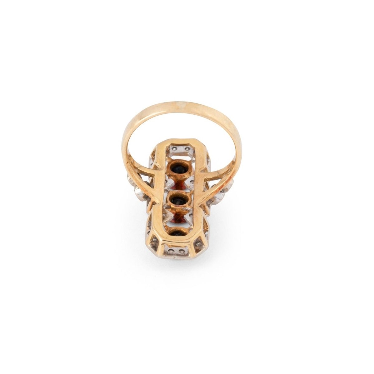 Bague Trilogie en or jaune, saphirs et diamants - Castafiore