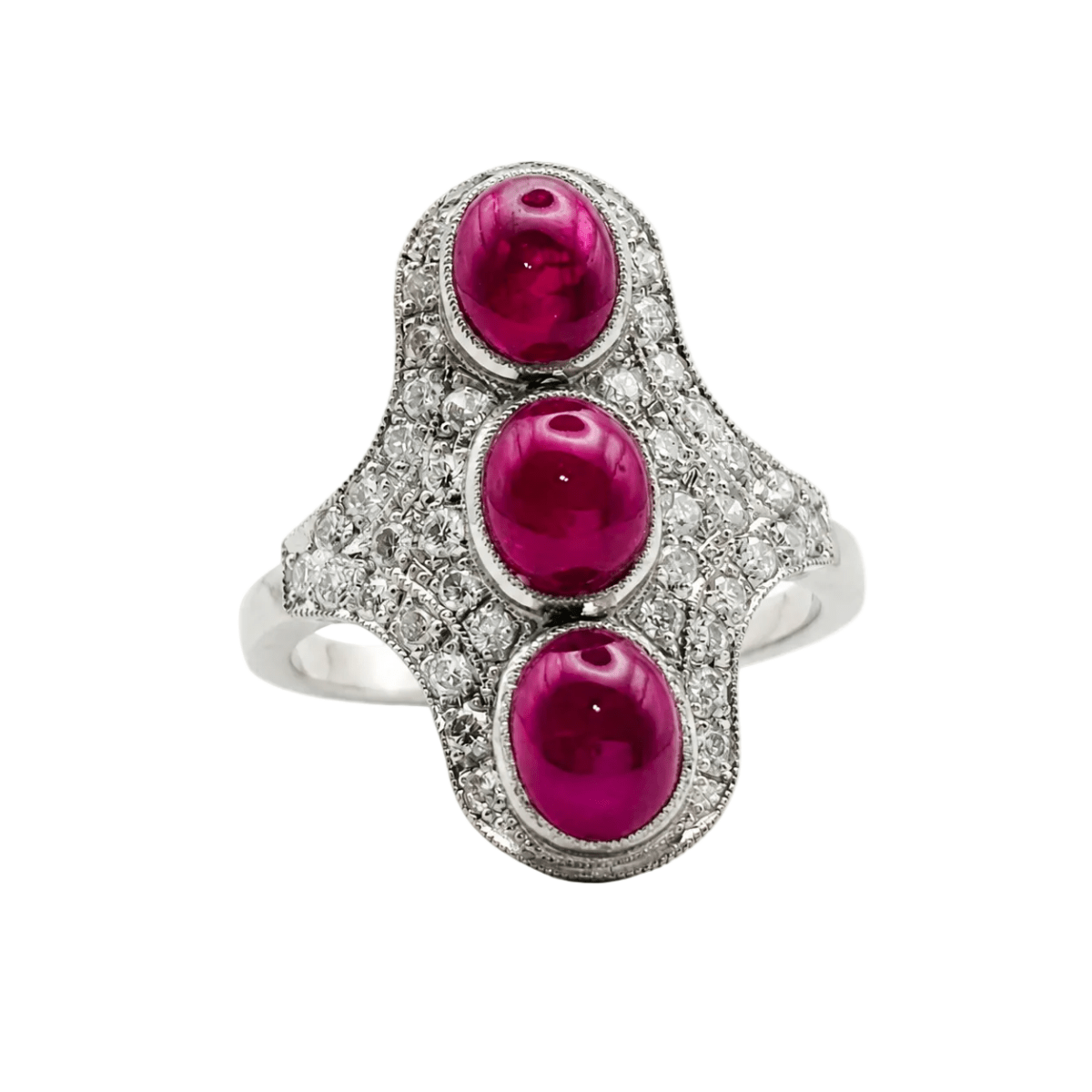 Bague Trilogie en platine, rubis et diamants - Castafiore