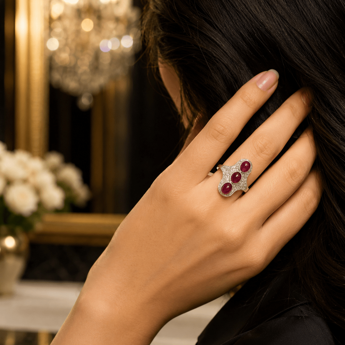 Bague Trilogie en platine, rubis et diamants - Castafiore